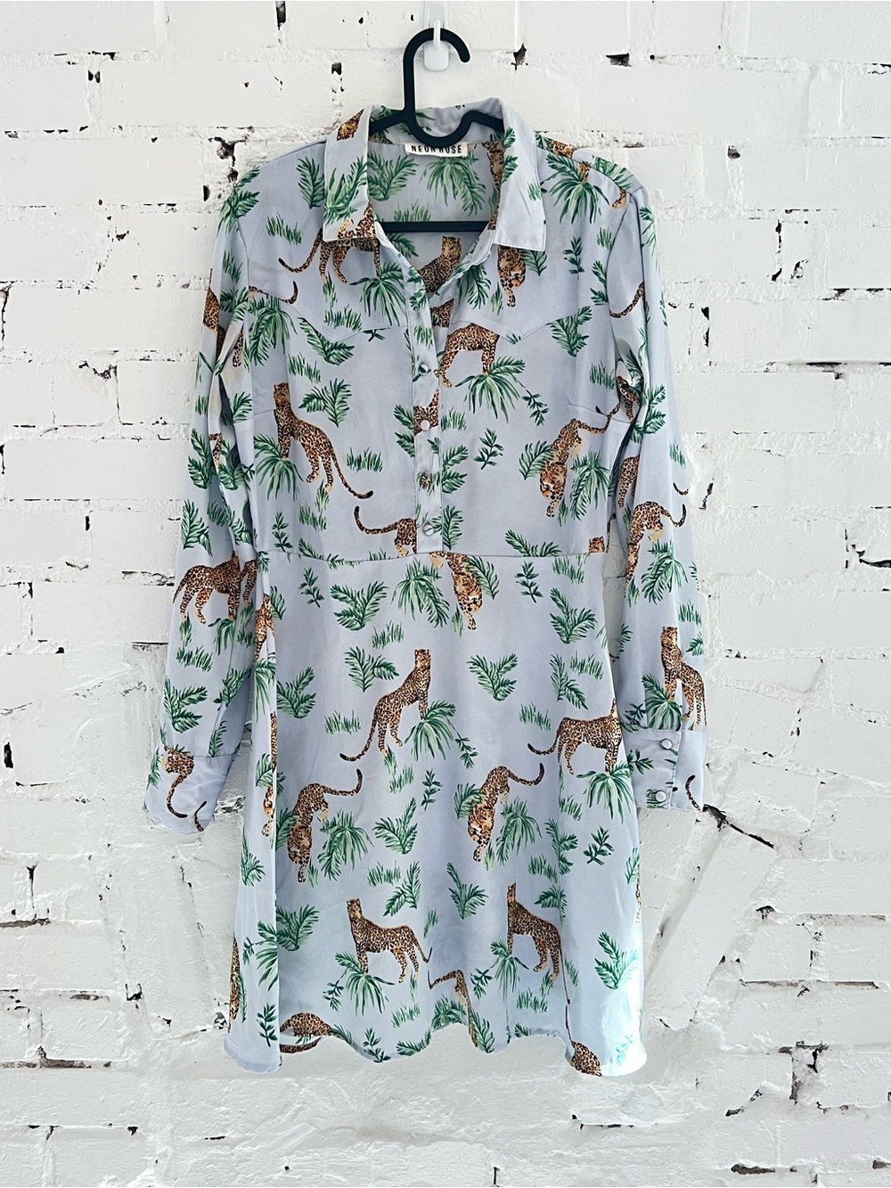 Women’s Light Blue Leopard Print Button-Down Shirt Dress